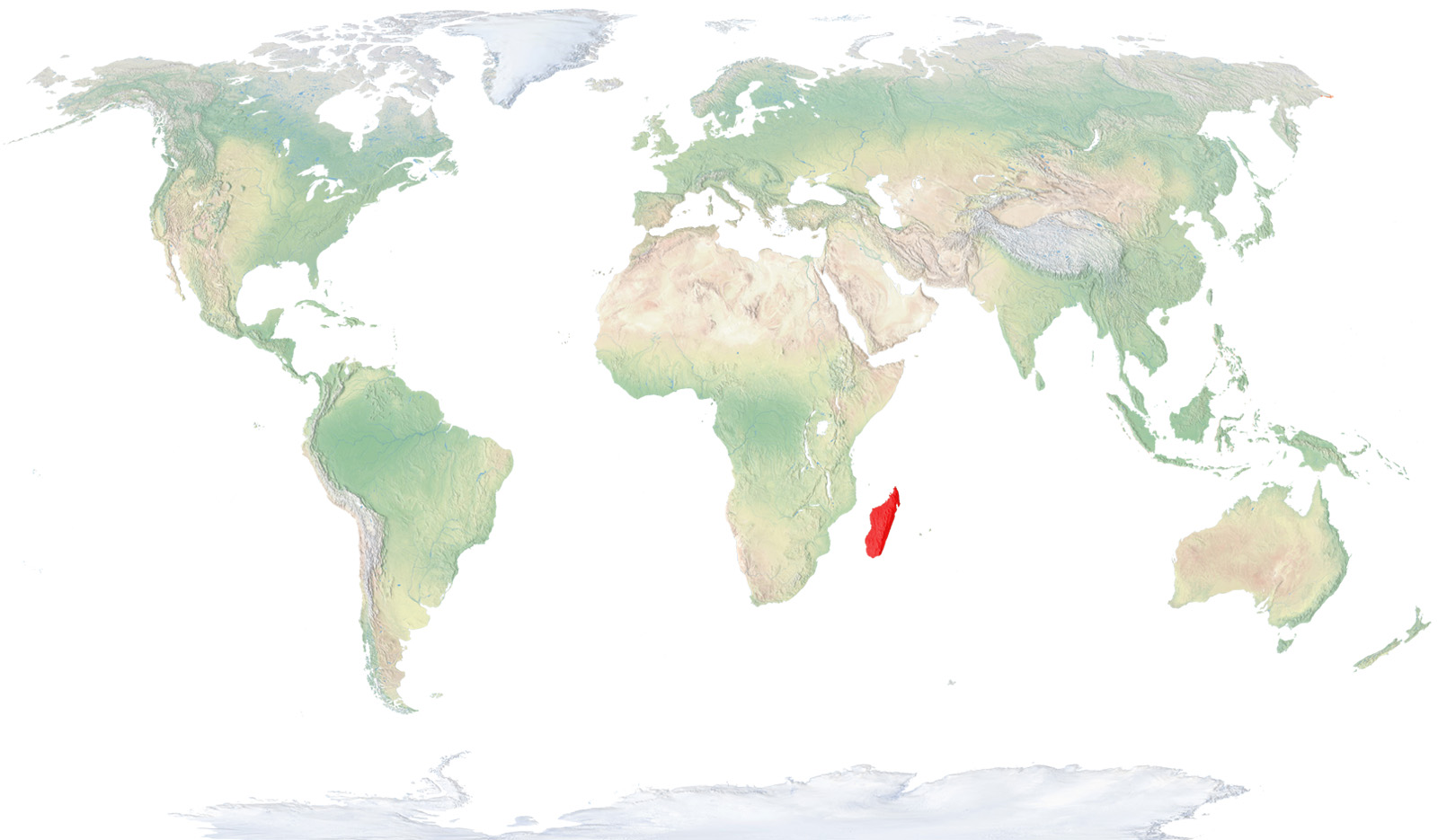 Viu exclusivament a la meitat occidental de l'illa de Madagascar, principalment en regions del centre i el sud properes a la costa. També es troba, probablement introduïda, a l'illa de la Reunió, a l’oceà Índic