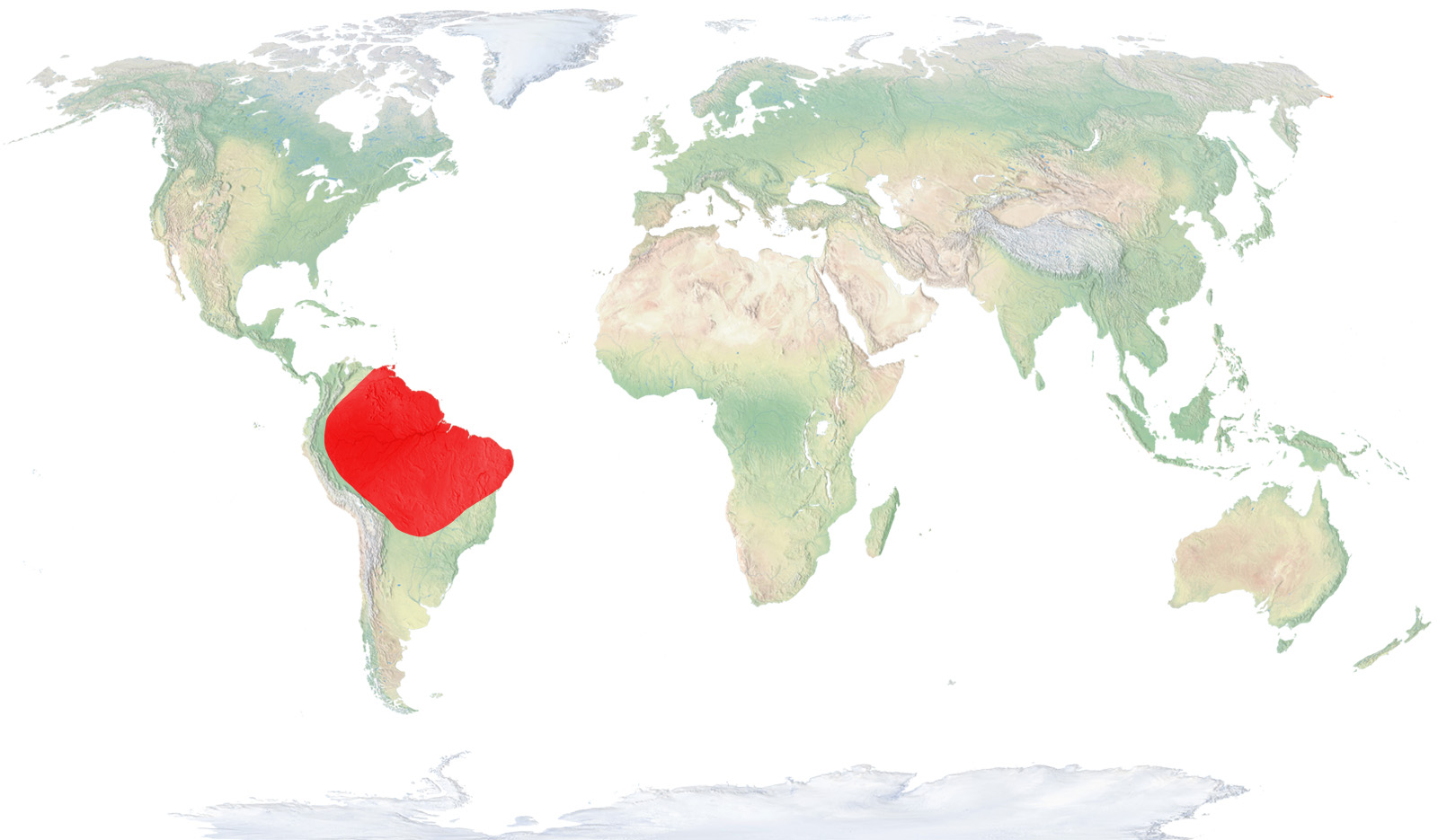 El norte de Bolivia, el norte y el centro de Brasil, el este de Colombia, Ecuador, Guayana Francesa, Guayana, Surinam, Perú, Paraguay y Venezuela